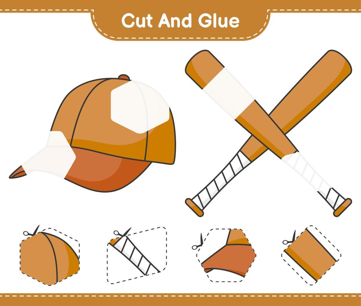 Cut and glue, cut parts of Cap Hat, Baseball Bat and glue them. Educational children game, printable worksheet, vector illustration