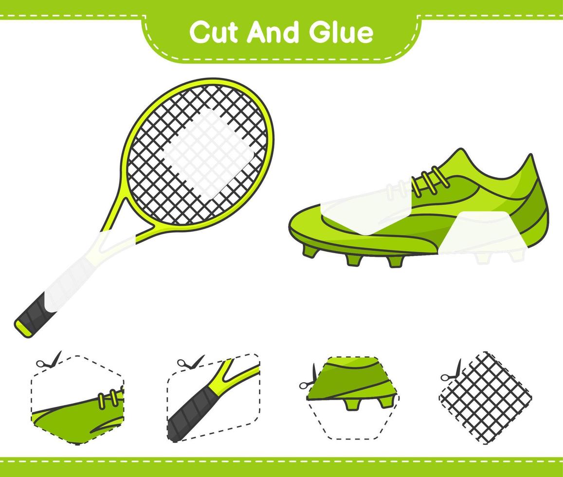 Cut and glue, cut parts of Tennis Racket, Soccer Shoes and glue them. Educational children game, printable worksheet, vector illustration