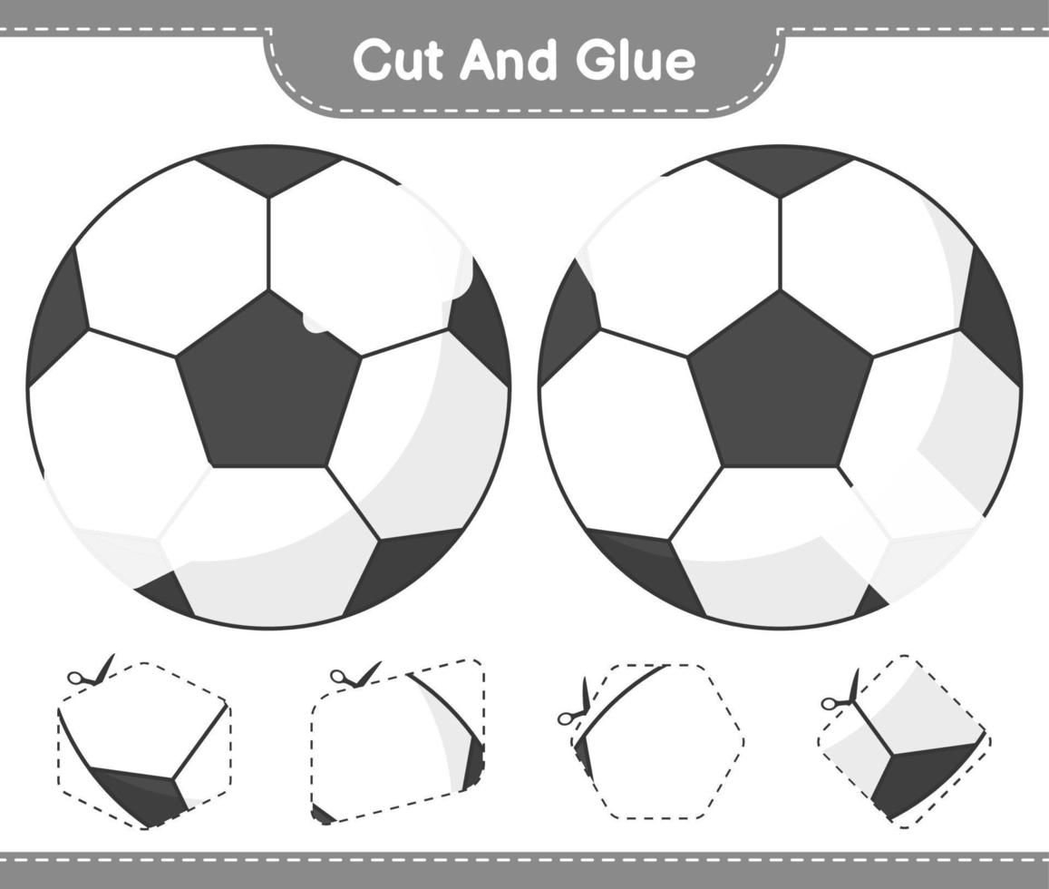 corta y pega, corta partes del balón de fútbol y pégalas. juego educativo para niños, hoja de cálculo imprimible, ilustración vectorial vector