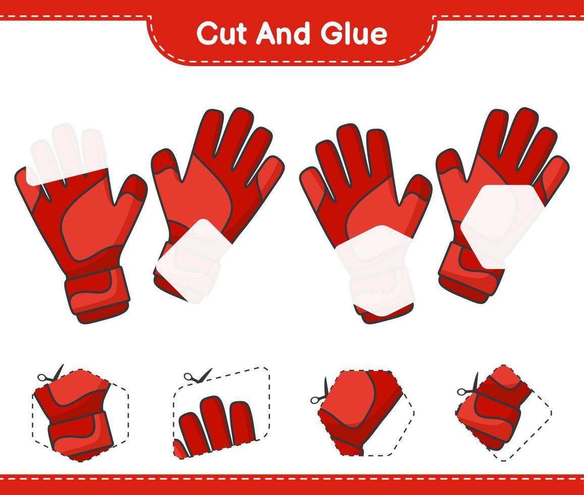 corta y pega, corta partes de guantes de portero y pégalas. juego educativo para niños, hoja de cálculo imprimible, ilustración vectorial vector