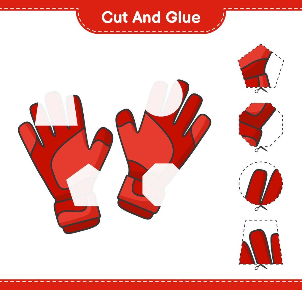 Cut and glue, cut parts of Goalkeeper Gloves and glue them. Educational children game, printable worksheet, vector illustration