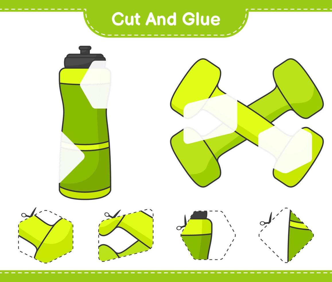 Cut and glue, cut parts of Sport Water Bottle, Dumbbell and glue them. Educational children game, printable worksheet, vector illustration