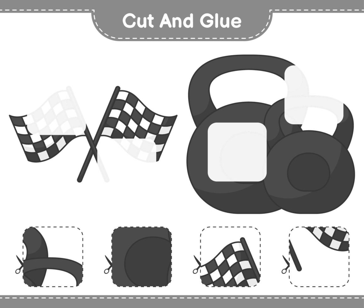 Cut and glue, cut parts of Racing Flags, Dumbbell and glue them. Educational children game, printable worksheet, vector illustration