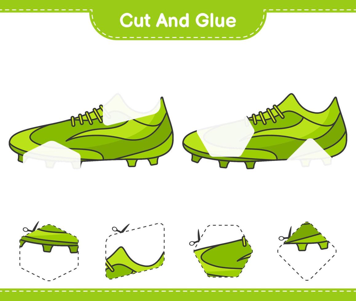 corta y pega, corta partes de zapatos de fútbol y pégalas. juego educativo para niños, hoja de cálculo imprimible, ilustración vectorial vector