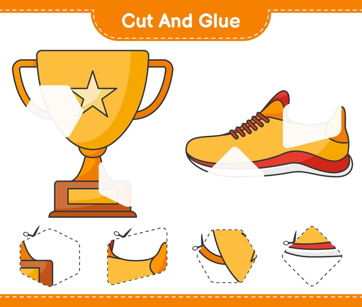 cortar y pegar, cortar partes del trofeo, zapatillas deportivas y pegarlas. juego educativo para niños, hoja de cálculo imprimible, ilustración vectorial vector