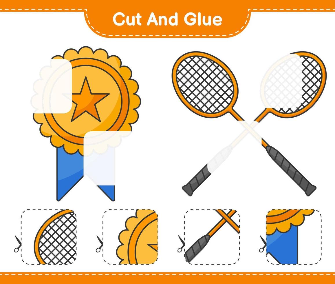 Cut and glue, cut parts of Trophy, Badminton Rackets and glue them. Educational children game, printable worksheet, vector illustration