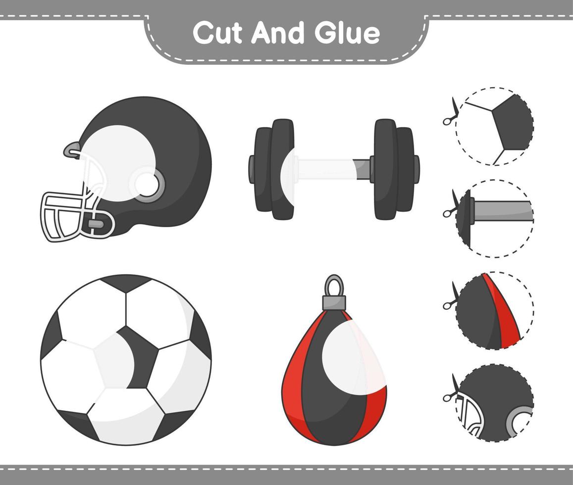 Cut and glue, cut parts of Soccer Ball, Football Helmet, Dumbbell, Punching Bag and glue them. Educational children game, printable worksheet, vector illustration