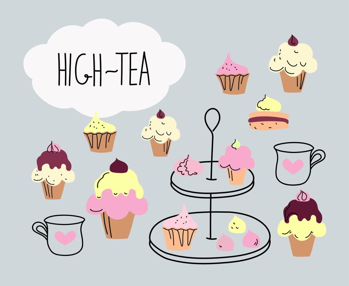 Afternoon tea set with cakes, doodle sketch hand drawn vector design