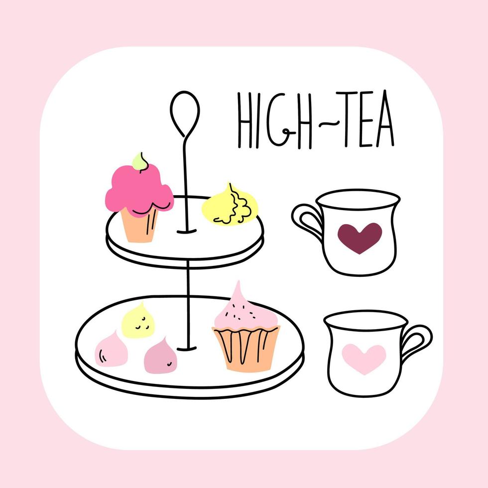 Afternoon tea set with cakes, doodle sketch hand drawn vector design