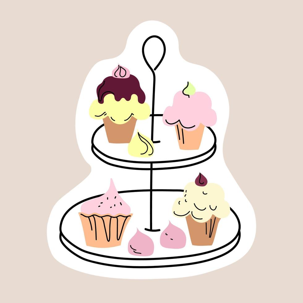 Afternoon tea with cakes, stiker doodle sketch hand drawn vector design