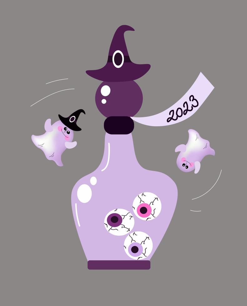 tarjeta de halloween botella de globo ocular. Ilustración de vector de dibujos animados plano aislado.