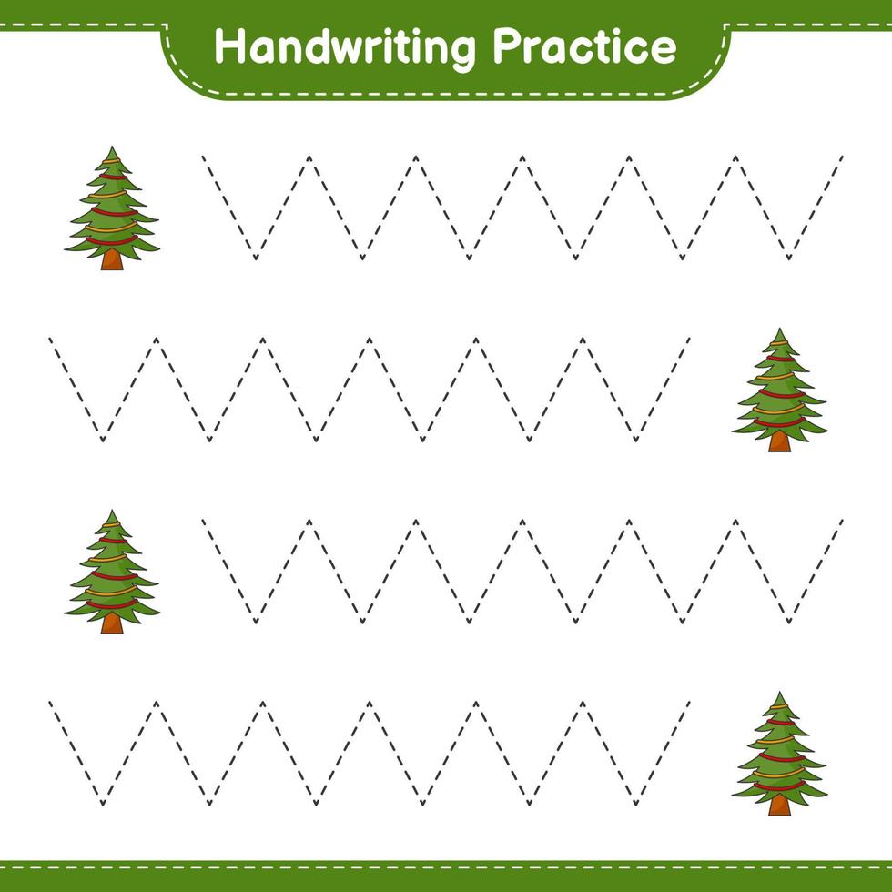 Handwriting practice. Tracing lines of Christmas Tree. Educational children game, printable worksheet, vector illustration