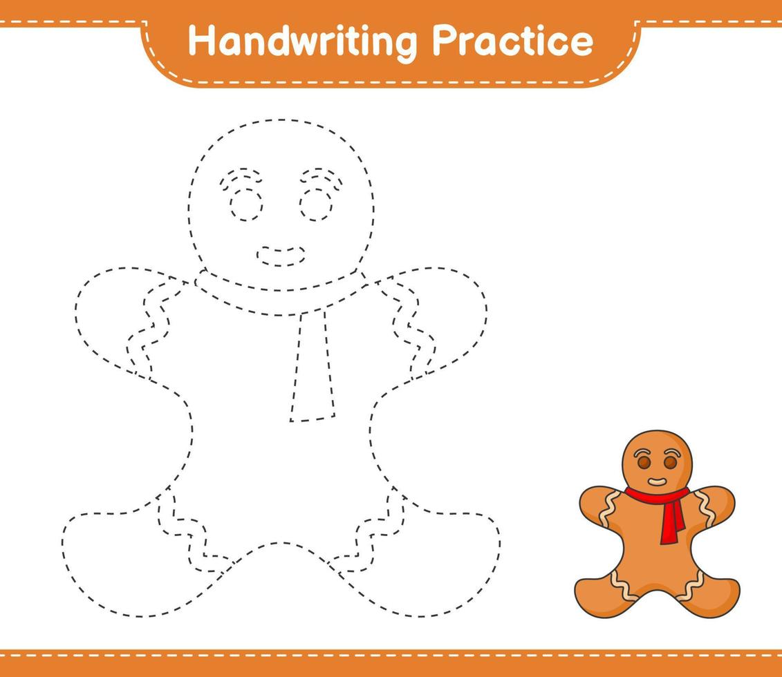 Handwriting practice. Tracing lines of Gingerbread Man. Educational children game, printable worksheet, vector illustration