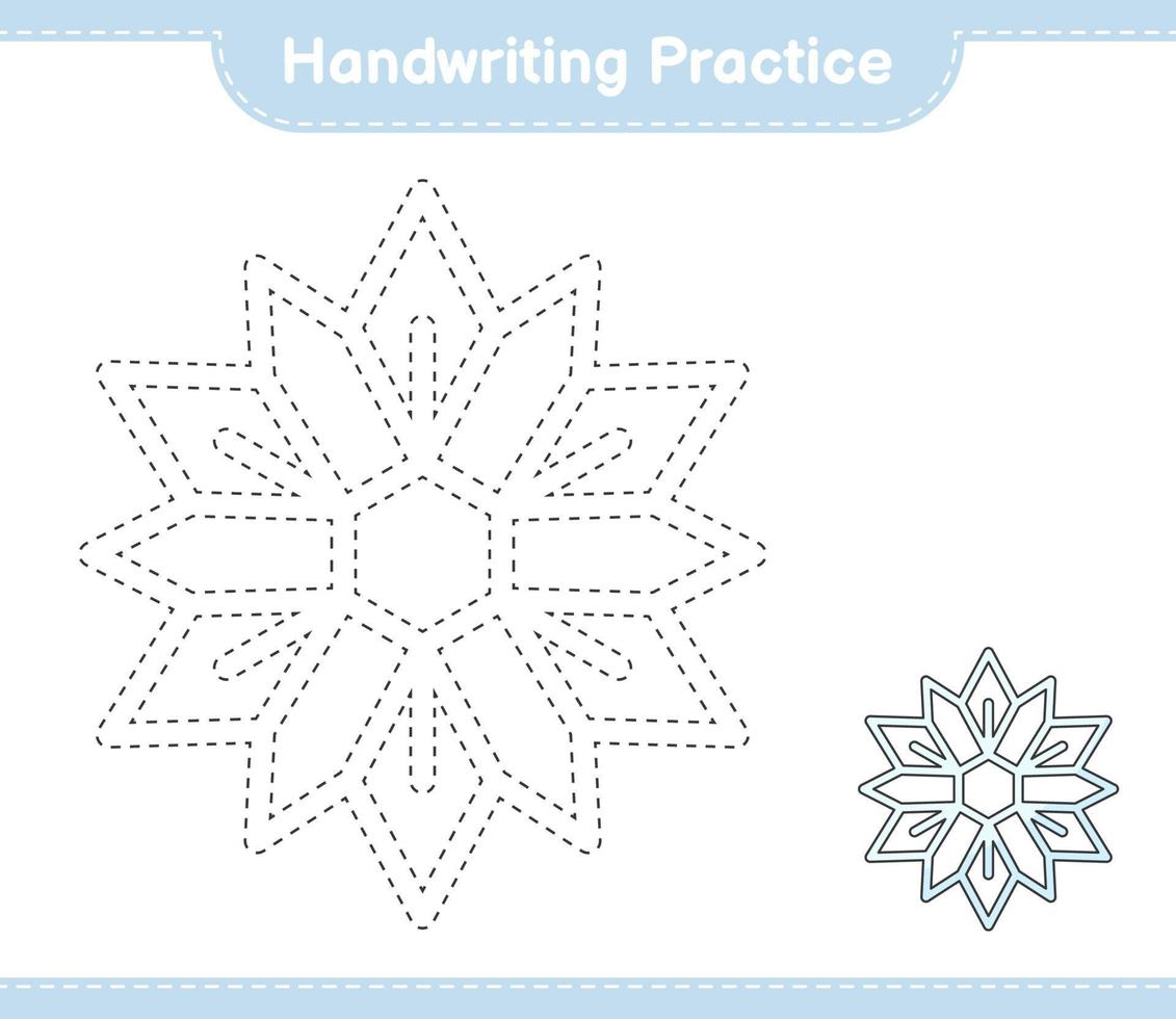 Handwriting practice. Tracing lines of Snowflake. Educational children game, printable worksheet, vector illustration