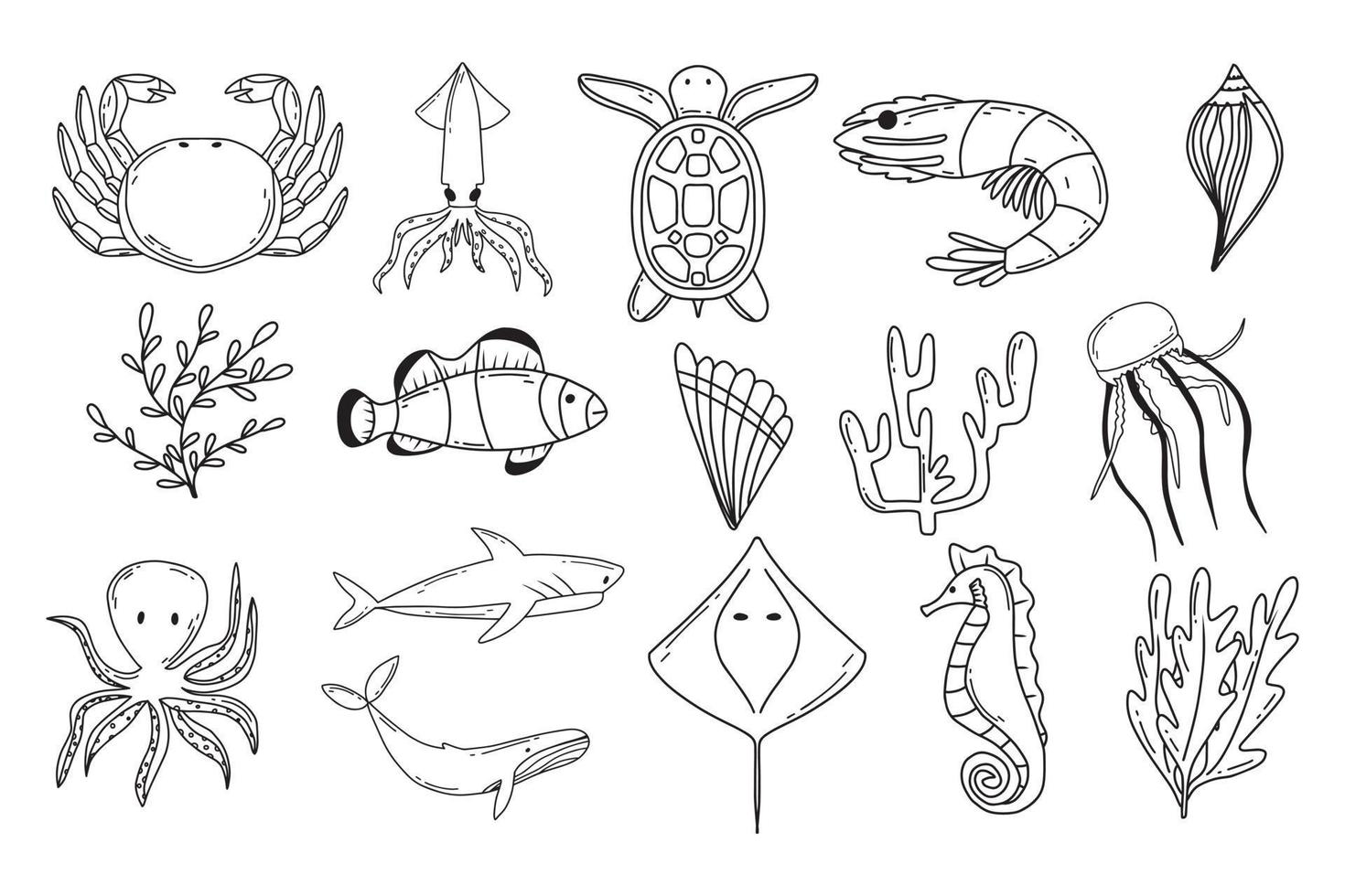 Vector illustration of cute sea animals. Vector set of sea animals. Dolphin, shark, whale, turtle, octopus, crab, jellyfish. Vector illustration. Doodle style.