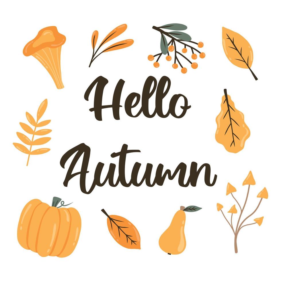 Hello, Autumn. Autumn illustration with pumpkin and leaves. Cartoon style. Vector illustration.