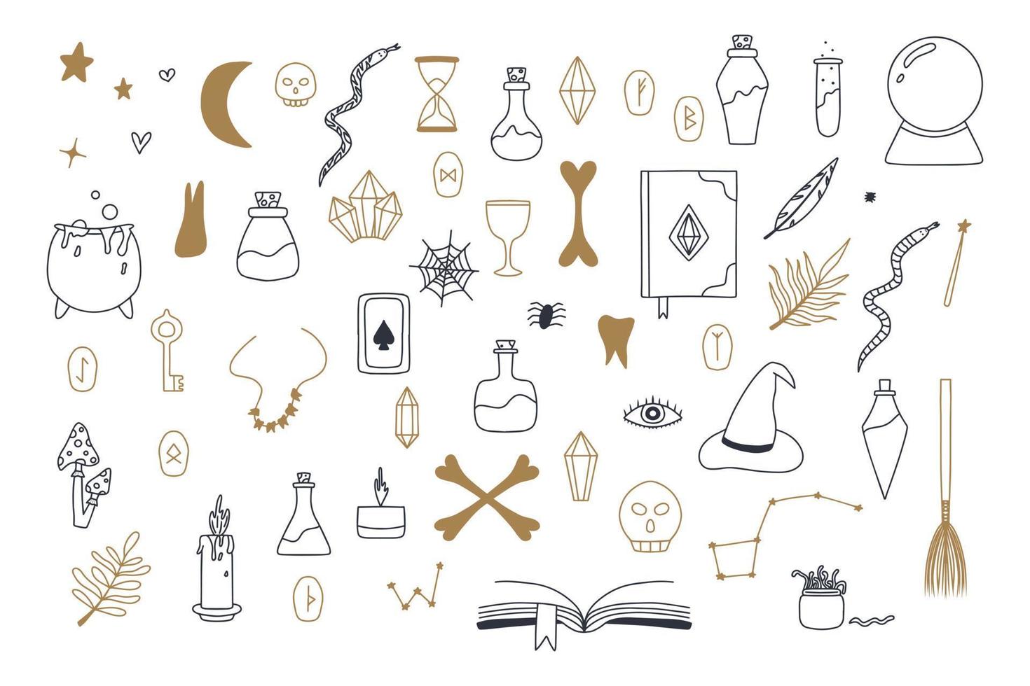 Magic set. Vector illustration . Doodle style. Big collection of magic elements.
