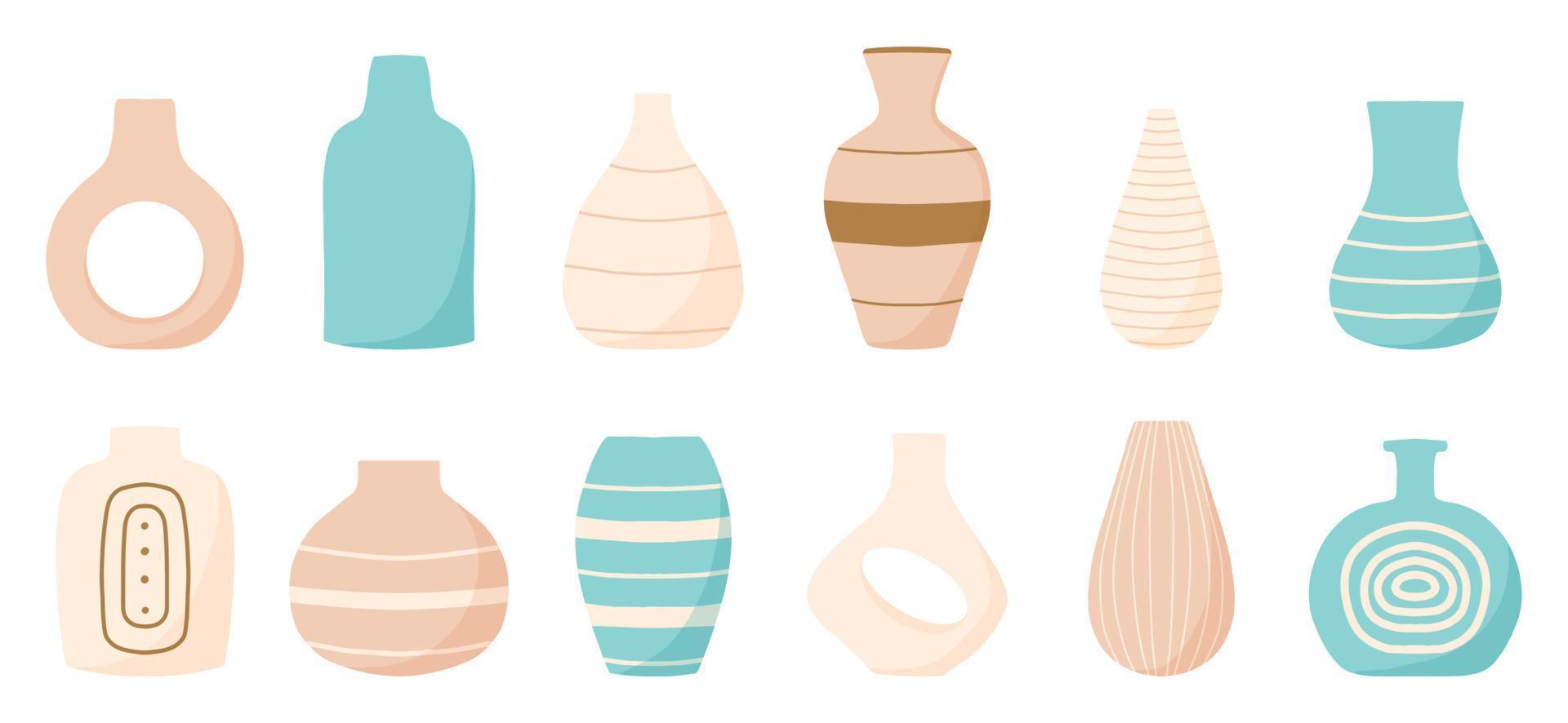 Set of modern vases. Vases for flowers. Pastel colors. Home decor collection. Vector illustration.