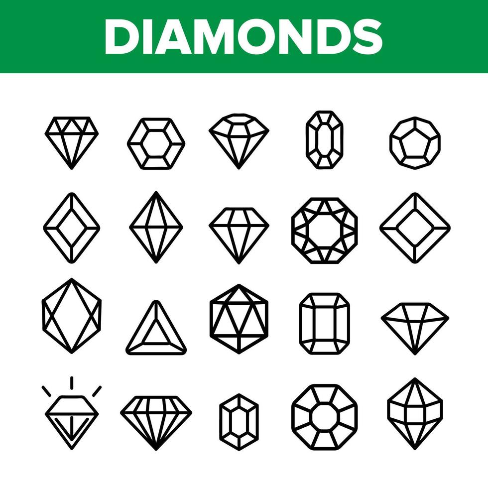 Diamonds, Gems Vector Thin Line Icons Set