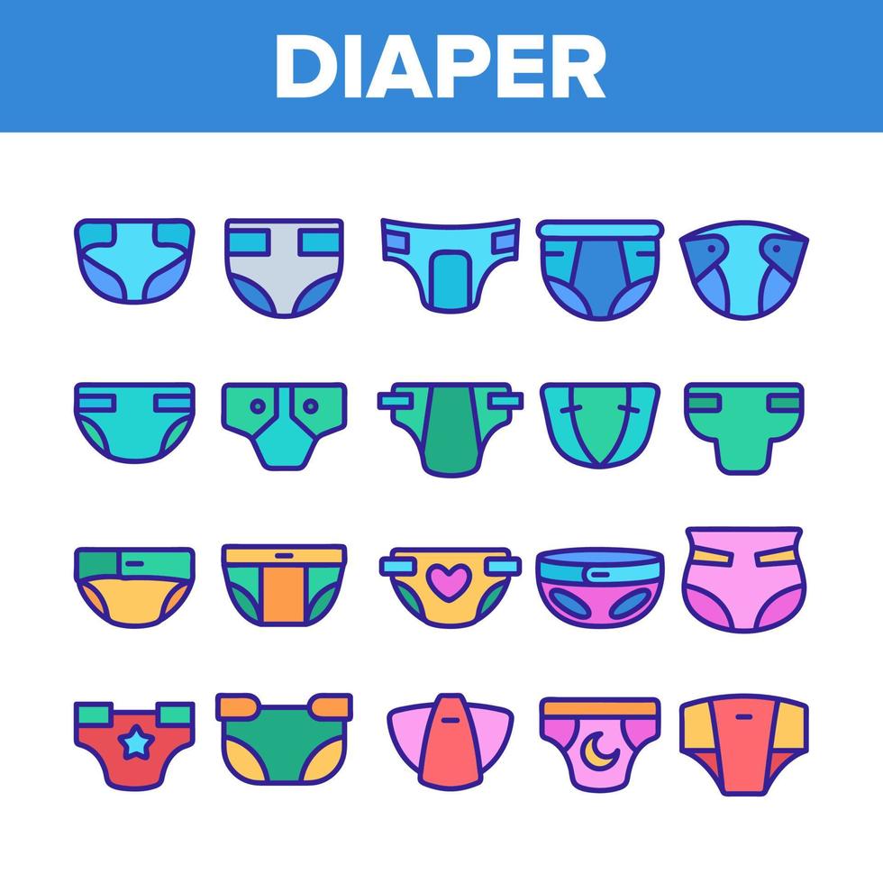 Color Baby Absorbent Diapers Vector Linear Icons Set