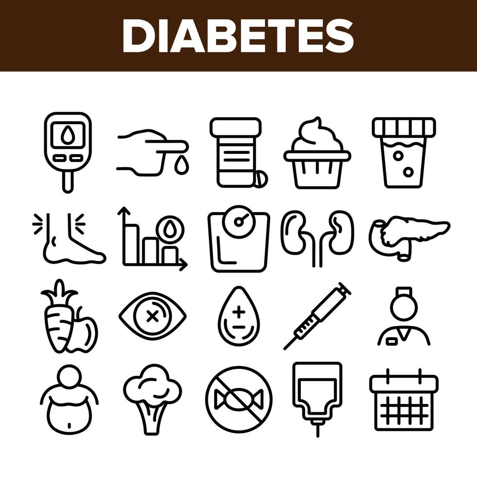 diabetes, conjunto de iconos de vector lineal de diagnóstico de enfermedades