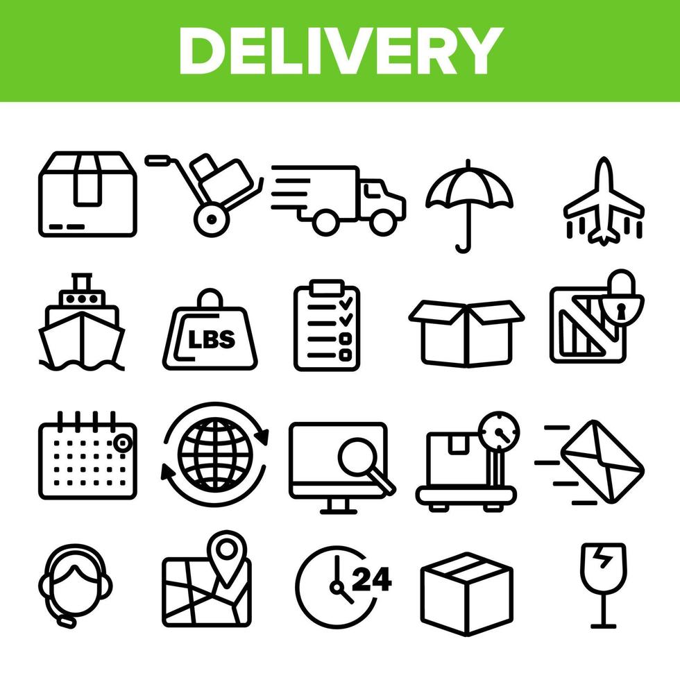 vector de conjunto de iconos de línea de entrega. servicio de transporte rápido. entrega 24 iconos de apoyo logístico. orden expresa. ilustración web de contorno delgado