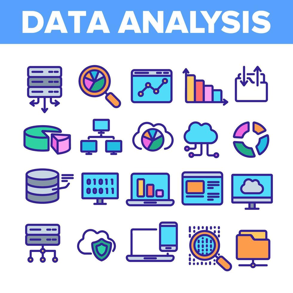 análisis de datos, conjunto de iconos de vector lineal de almacenamiento web