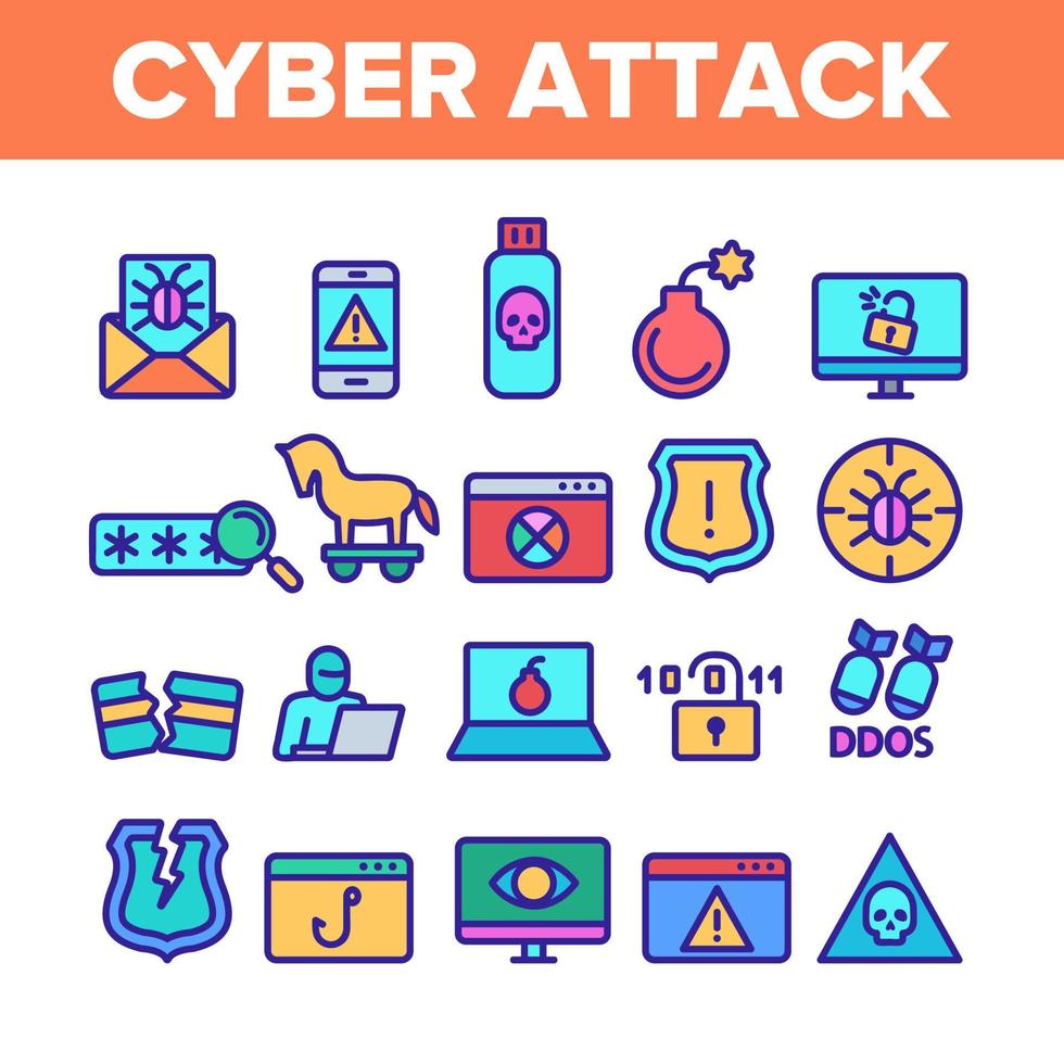 Color Cyber Attack Elements Icons Set Vector
