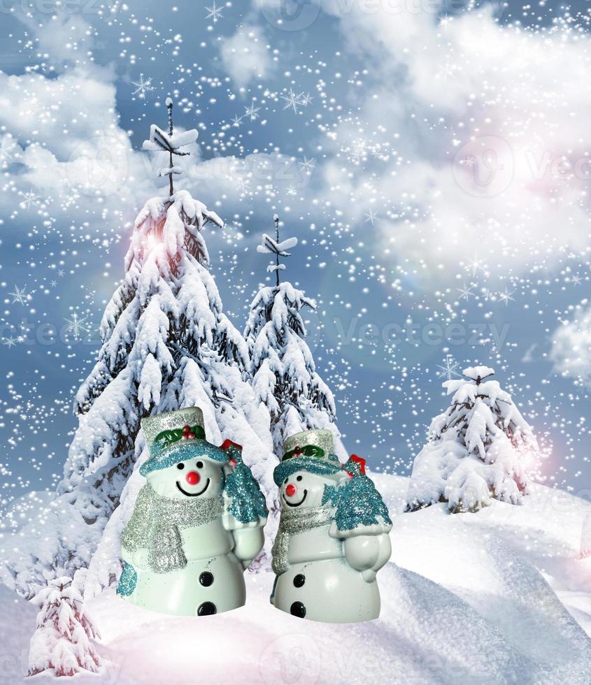 Christmas card. Snowmen in the winter forest photo