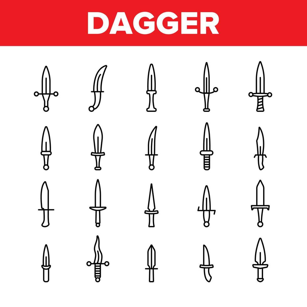 daga, conjunto de iconos de línea delgada de vector de arma afilada