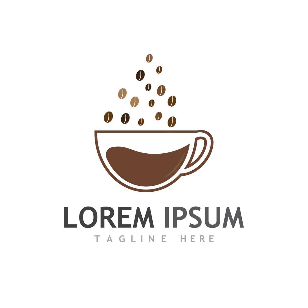 logotipo de grano de café con taza y hojas naturales. vector