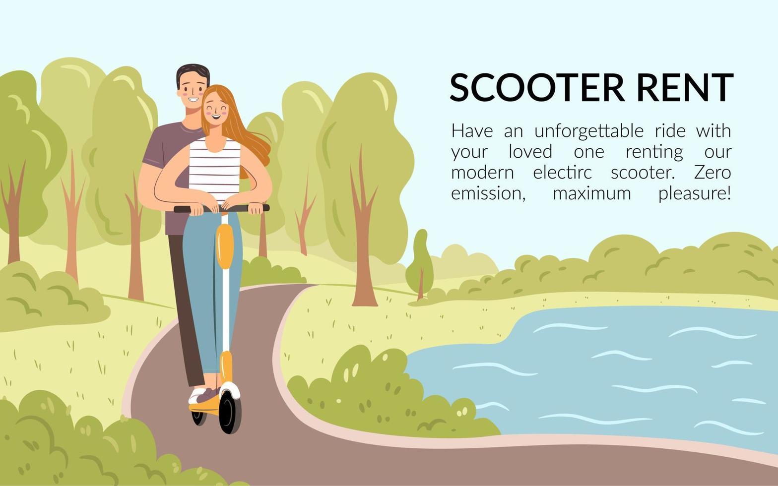 People on scooter in park. Electric scooter rent. Couple riding a scooter in city park. Flat illustration. vector