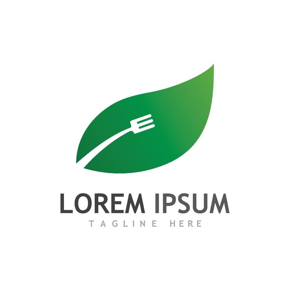 Health food logo, with leaves, spoon and fork. vector