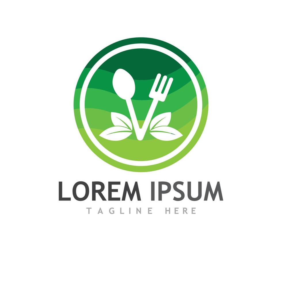 Health food logo, with leaves, spoon and fork. vector
