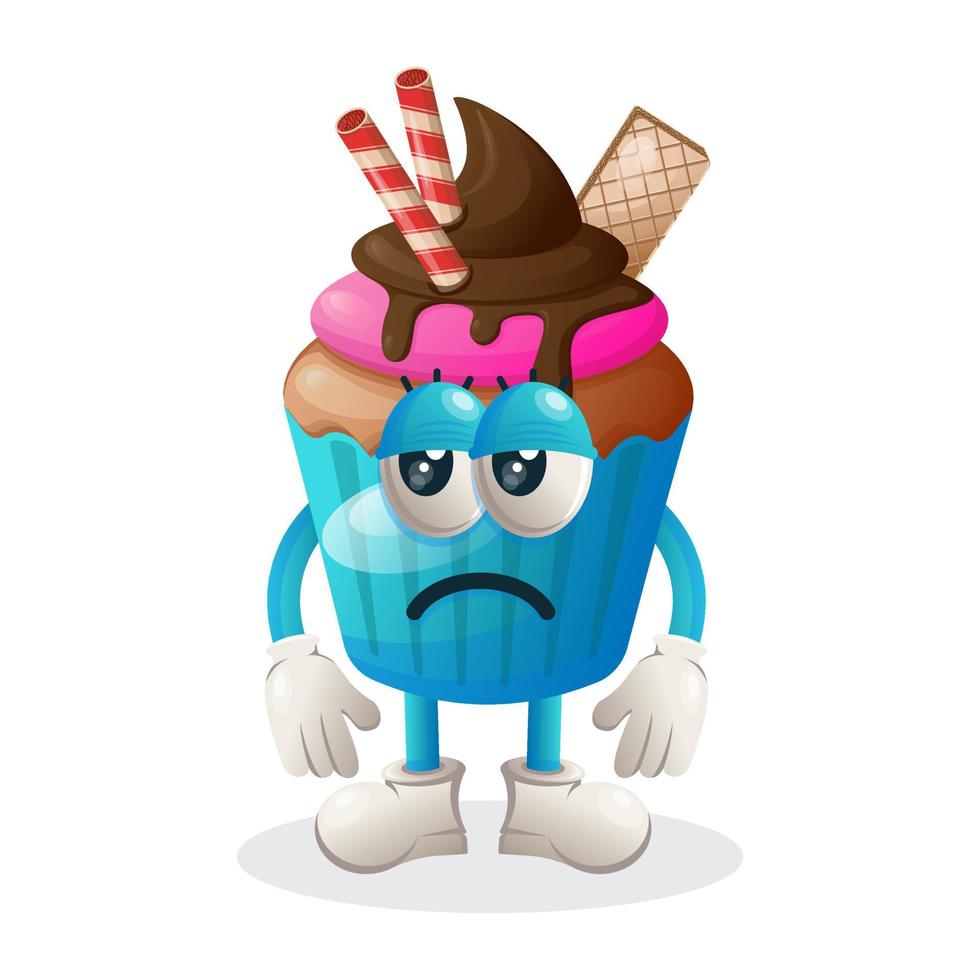 Cupcake mascot with bored expression, cupcake mascot illustration vector