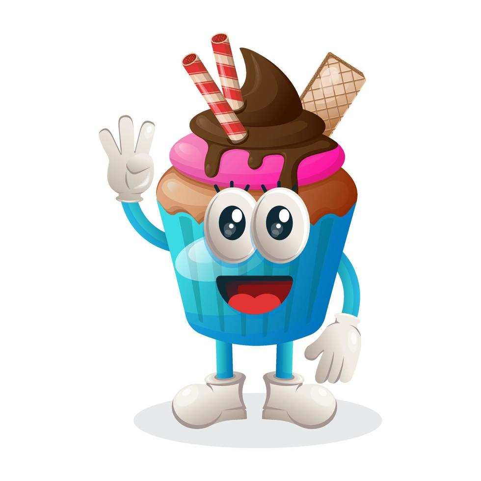 mascota de cupcake con expresión feliz, sosteniendo tres dedos, ilustración de mascota de cupcake vector