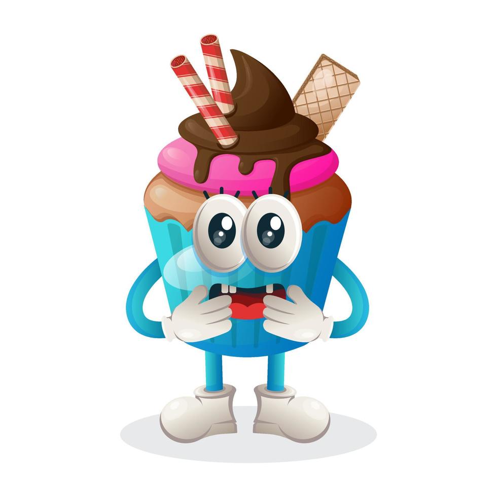 mascota de cupcake con expresión asustada, ilustración de mascota de cupcake vector