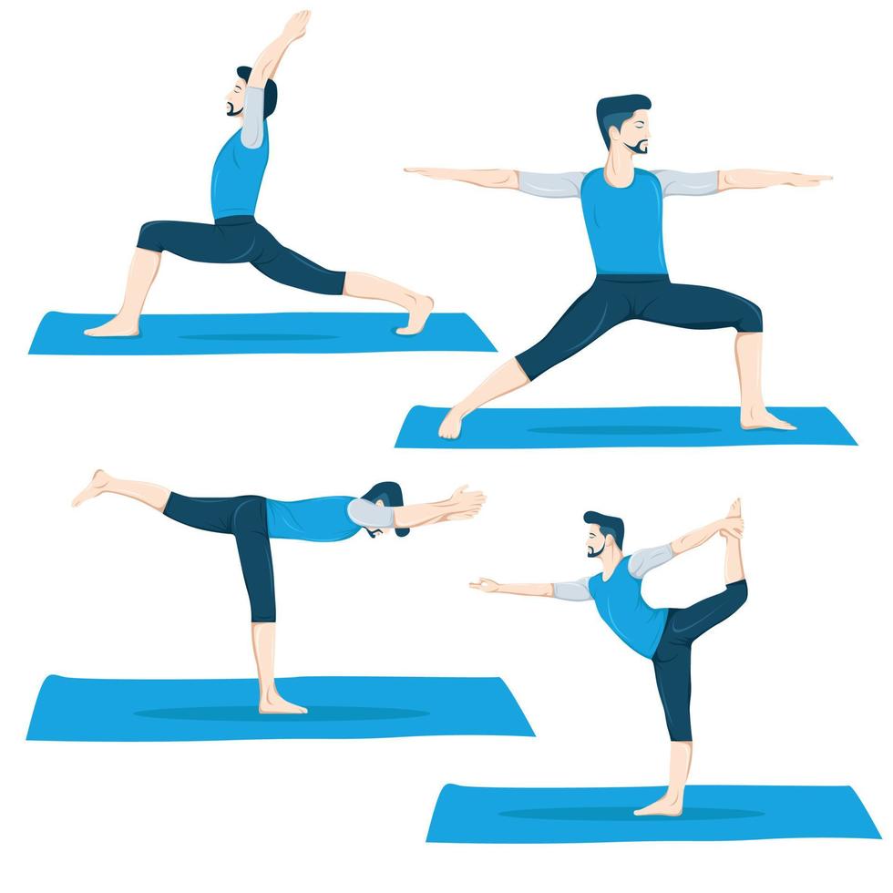 un conjunto de posturas de yoga de figura masculina 4 posturas de yoga en un diseño plano. vector