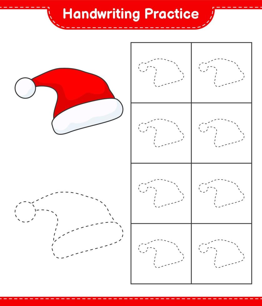 práctica de escritura a mano. trazando líneas de sombrero de santa. juego educativo para niños, hoja de cálculo imprimible, ilustración vectorial vector