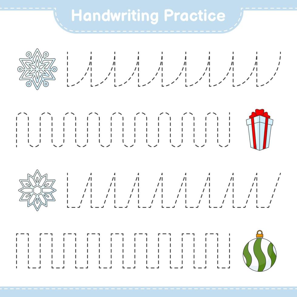 Handwriting practice. Tracing lines of Snowflake, Christmas Ball, and Gift Box. Educational children game, printable worksheet, vector illustration