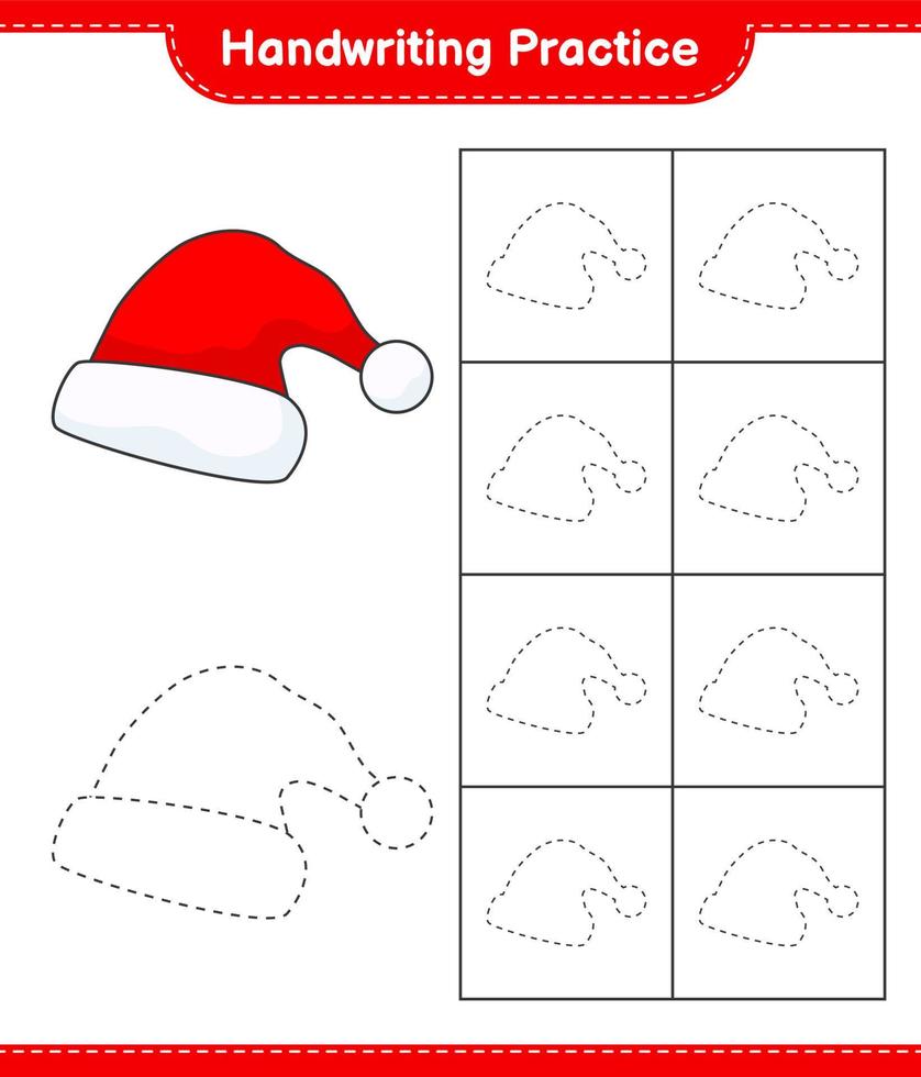 Handwriting practice. Tracing lines of Santa Hat. Educational children game, printable worksheet, vector illustration