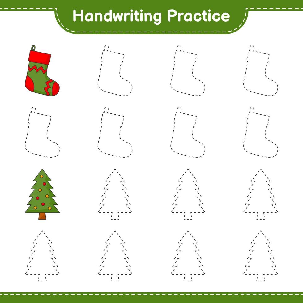 práctica de escritura a mano. trazando líneas de calcetín de navidad y árbol de navidad. juego educativo para niños, hoja de cálculo imprimible, ilustración vectorial vector