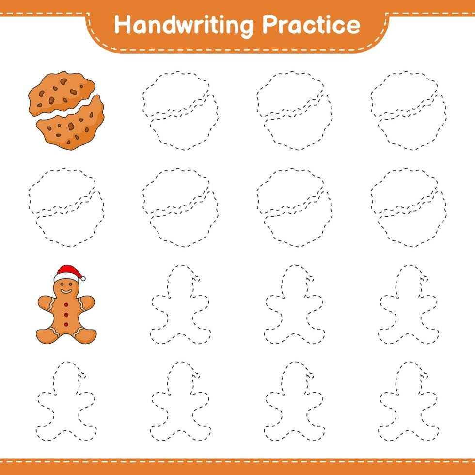 Handwriting practice. Tracing lines of Gingerbread Man and Cookies. Educational children game, printable worksheet, vector illustration