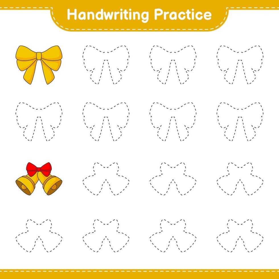 Handwriting practice. Tracing lines of Ribbon and Christmas Bell