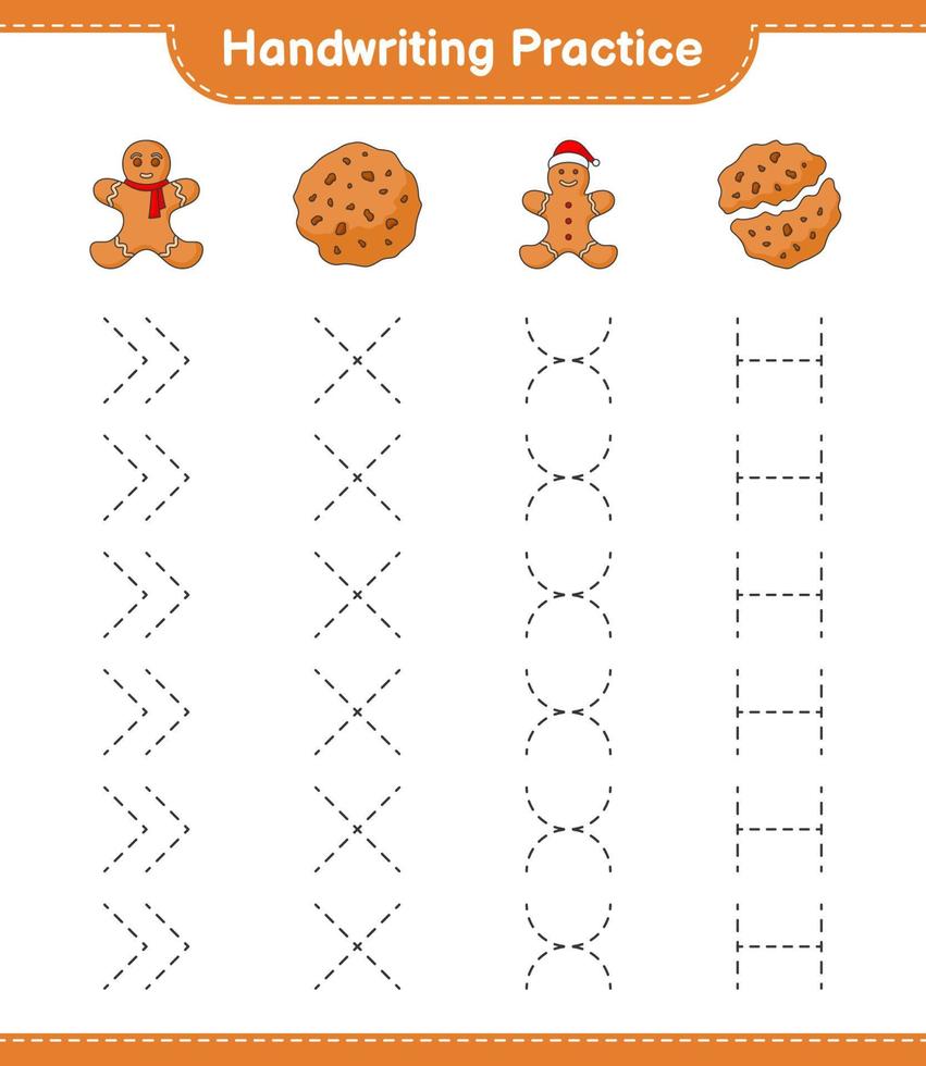 práctica de escritura a mano. trazando líneas de galletas y hombre de pan de jengibre. juego educativo para niños, hoja de cálculo imprimible, ilustración vectorial vector