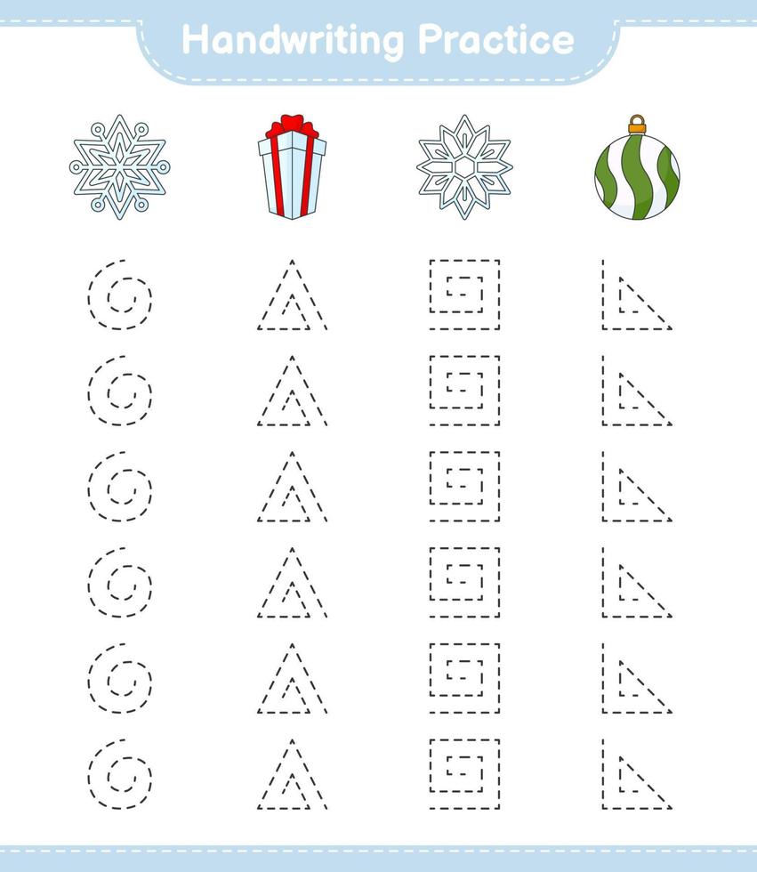 Handwriting practice. Tracing lines of Snowflake, Christmas Ball, and Gift Box. Educational children game, printable worksheet, vector illustration