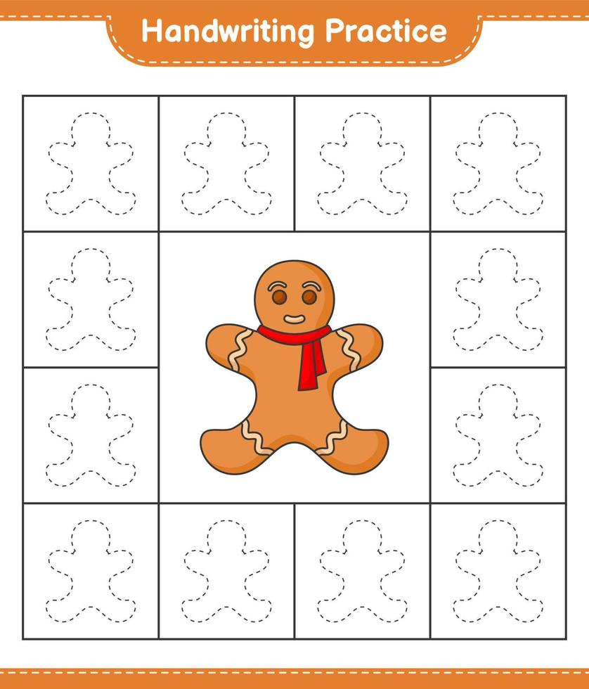 Handwriting practice. Tracing lines of Gingerbread Man. Educational children game, printable worksheet, vector illustration