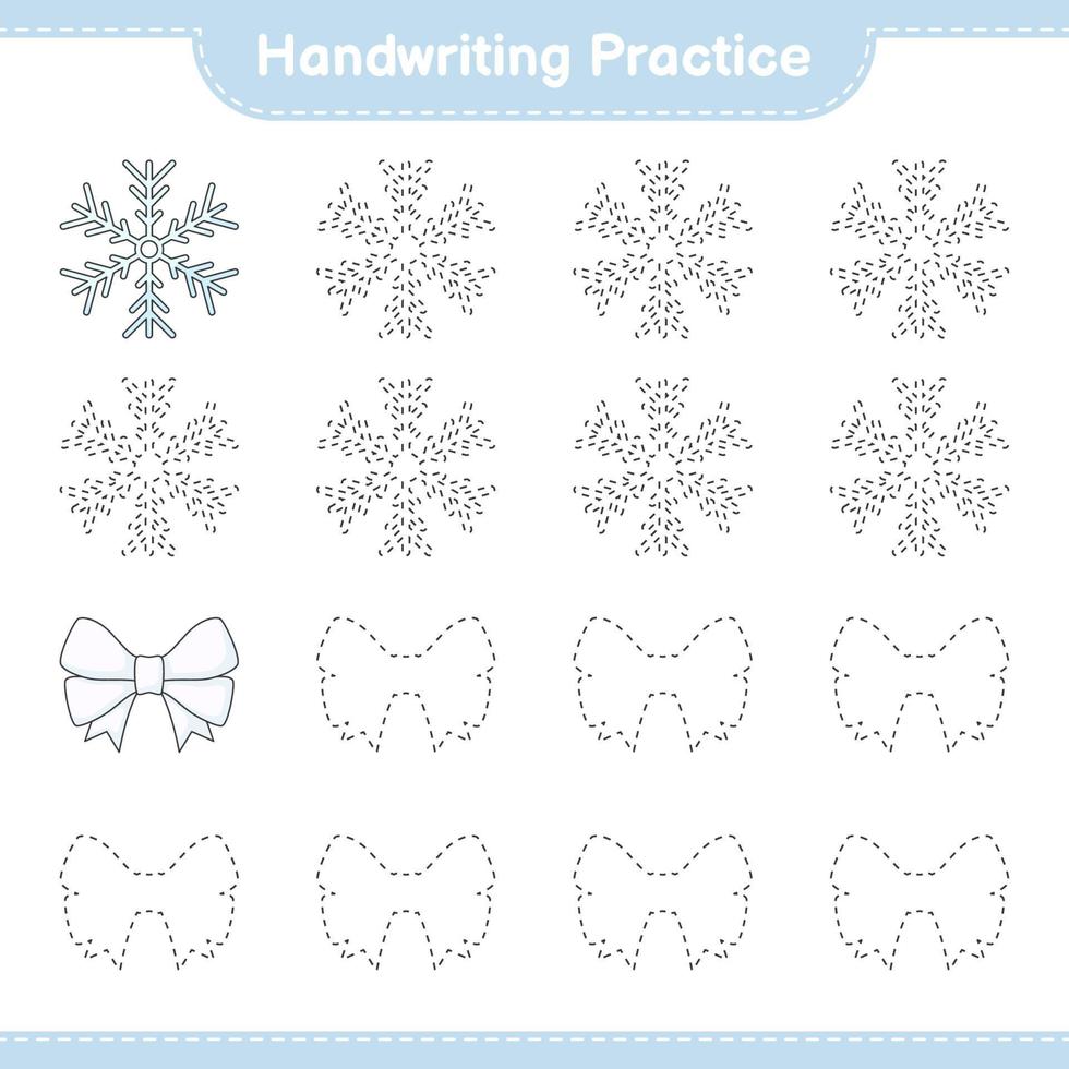 Handwriting practice. Tracing lines of Snowflake and Ribbon. Educational children game, printable worksheet, vector illustration