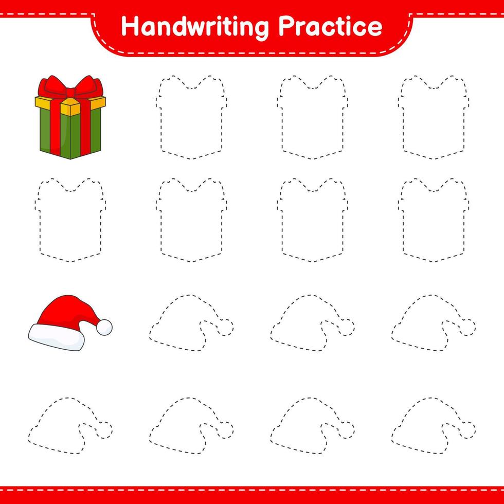 Handwriting practice. Tracing lines of Santa Hat and Gift Box. Educational children game, printable worksheet, vector illustration
