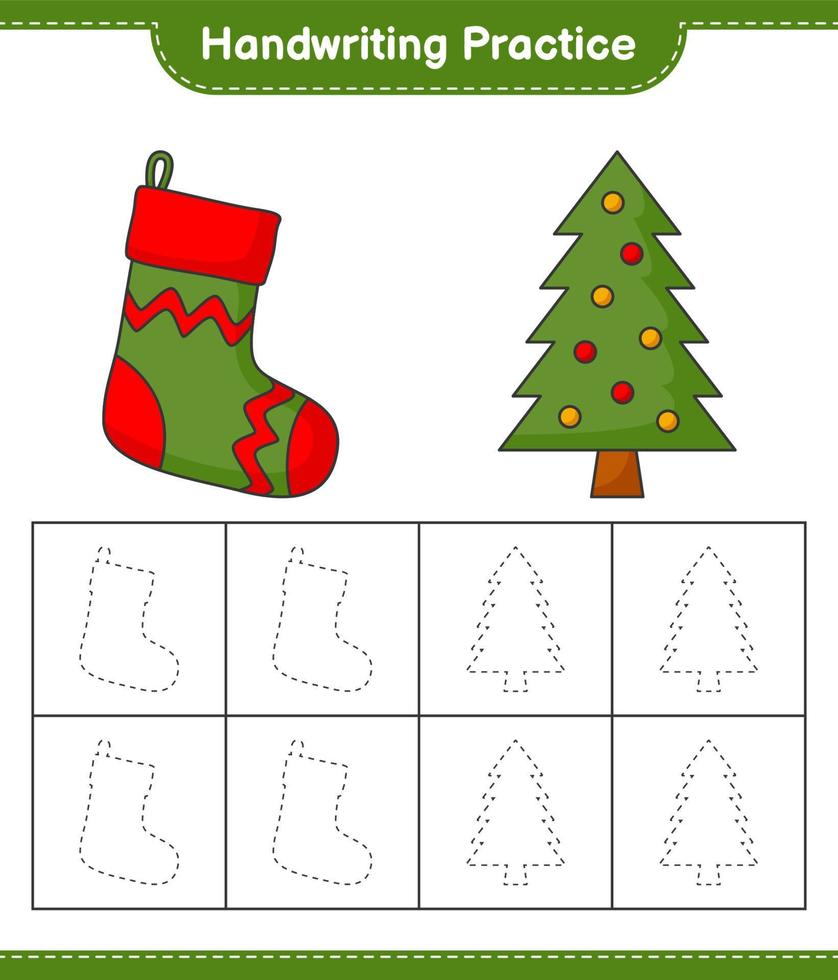 práctica de escritura a mano. trazando líneas de calcetín de navidad y árbol de navidad. juego educativo para niños, hoja de cálculo imprimible, ilustración vectorial vector